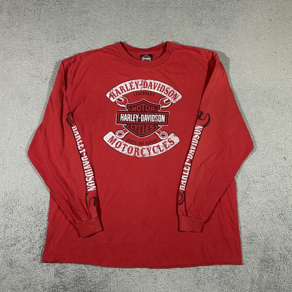 Harley-Davidson Mens XL Wrench & Shield Red Long Sleeve Shirt Kona Hawaii #4013